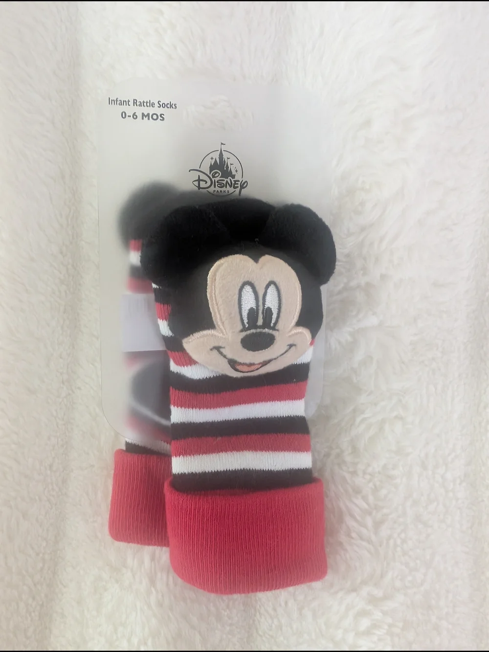 Disney Infant Mickey Mouse Red Black White Striped Rattle Socks